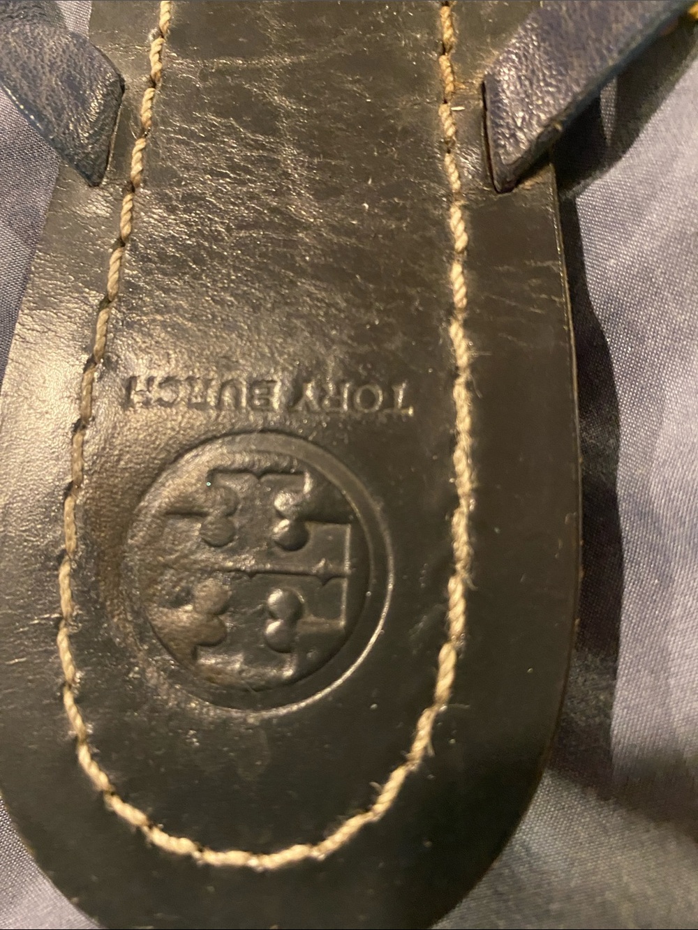 Tory Burch Navy Leather Floral-Accent Flip Flops - Picture 3 of 4